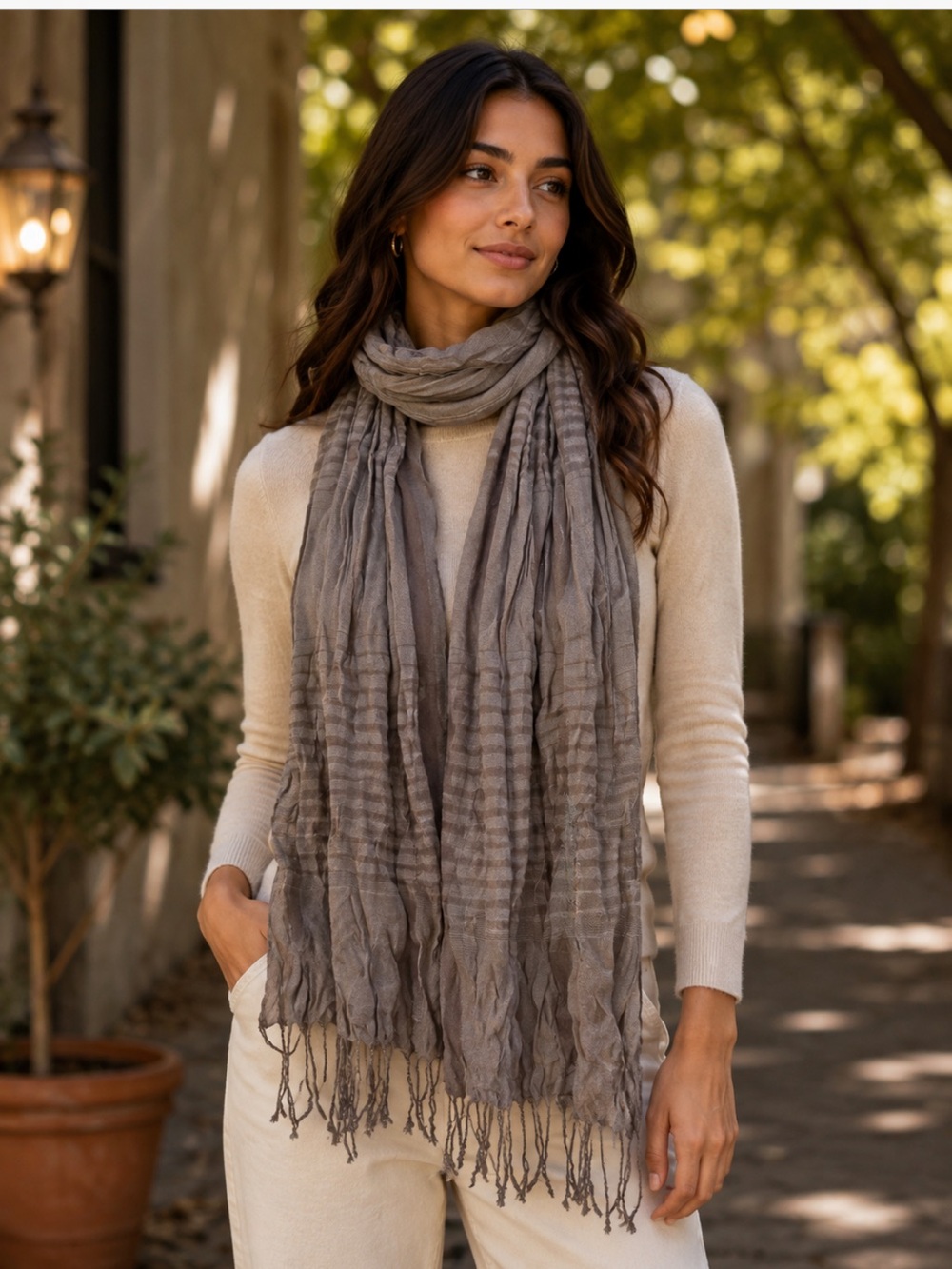 New York & Company Women’s Taupe  Striped Scarf Fringed New 5000-3102